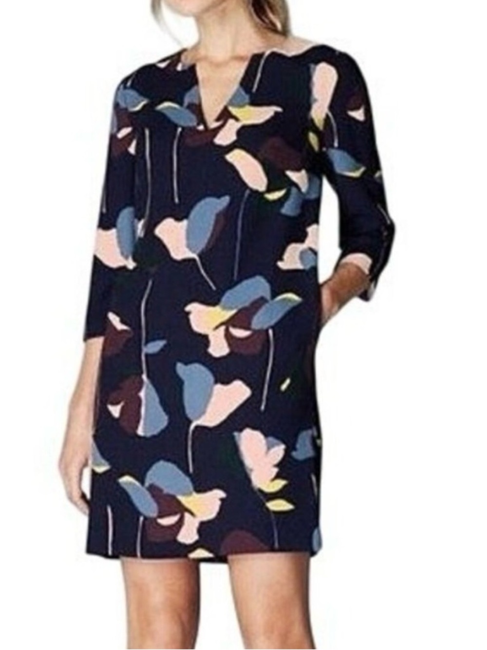 Boden Easy Notch Shift Dress Size 2 Carbon Blue Evergreen Floral